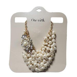 One Wink Pearl and Crystal Necklace Gold Tone Lobster Closure - NEW